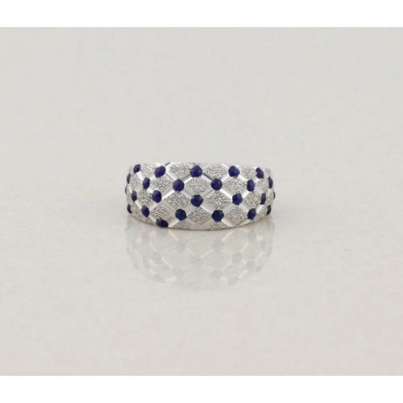 14k White Gold Blue Enamel Textured Diamond Pattern Dome Ring Size 8 1/4 - Picture 1 of 6